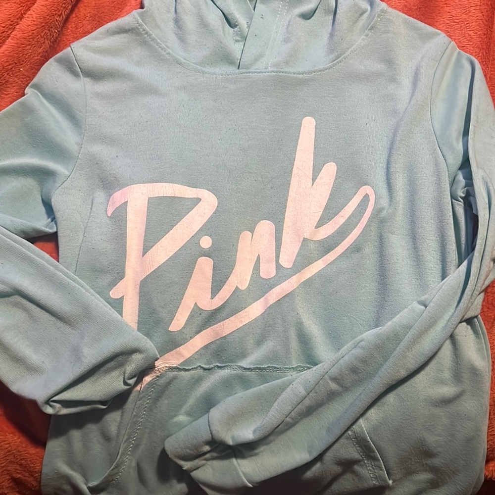 Pink sweatshirt, light blue size small